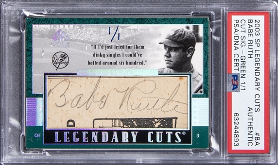 2003 UD SP Legendary Cuts Green Autograph #BA Babe Ruth Cut Signature Card (#1/1) – PSA Authentic, PSA/DNA Certified